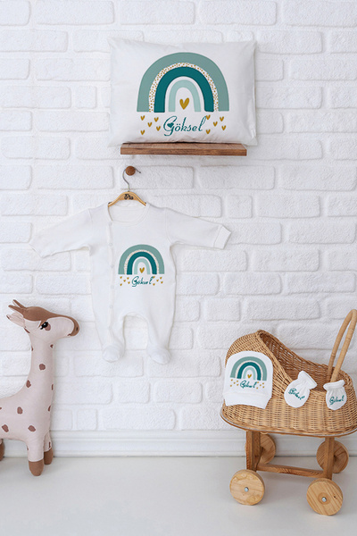 Pia Baby Premium Erkek Bebek İsme Özel %100 Pamuk Tulum Şapka Eldiven ve Yast...