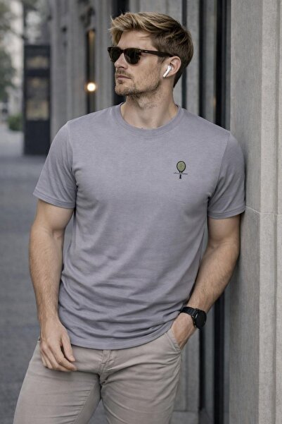 grand coco Men's Gray Lycra Single Jersey Fabric Crew Neck Short Sleeve T-Shirt