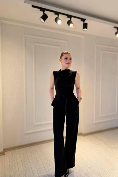 Tayt Factory Drape Yaka Kuşaklı Basic Bol Paça Uzun Tulum