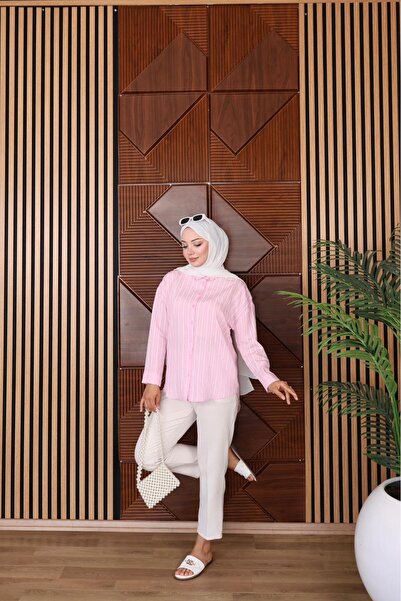 FRESH FASHION قميص، قماش أندورا مخطط، قماش كتان صيفي، طويل من الخلف