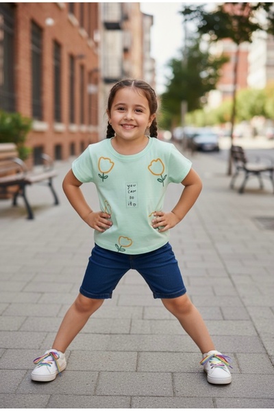 ecrin kids Kız Çocuk Lale Baskılı Yazılı Pamuklu Kısa Kollu Tişört