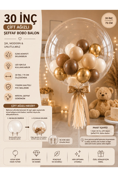 eğlencemarketi 30 İnç Çift Ağızlı Şeffaf Bobo Balon 75 CM PVC Bubble Balon Do...
