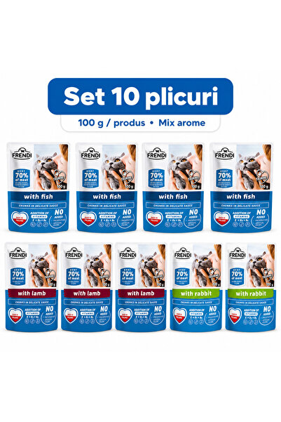 FRENDİ Cat, hrana umeda pentru pisici, Set 10 plicuri, Mix Peste, Miel, Iepur...