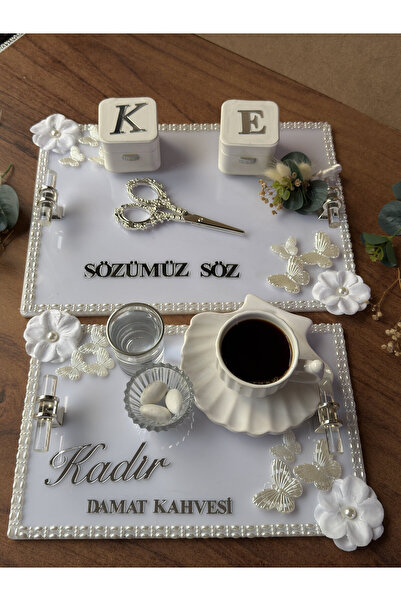 CatplexBoutique Söz Tepsisi - Kişiye Özel 2'li Nişan Tepsisi Damat Kahvesi Te...