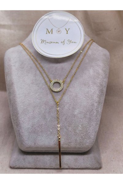 MuseumofYou Double Ghost Chain Necklace with Zircon Stones and Ring and Bar Figures