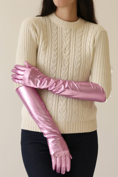 Twin Store Long Length Extra Shiny Gloves Pink Color Inside Vinlex Leather El...