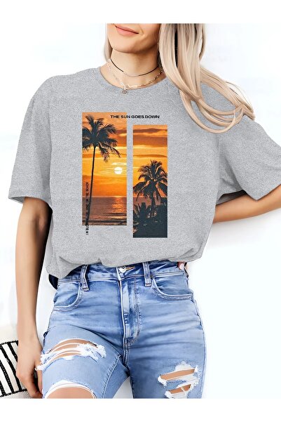 JENOLAN Tricou de damă cu decolteu rotund cu tematică Sunset Palm Oversize Lo...
