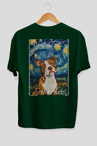 Ankhises For Dog Lovers 48 Back Dogs Printed Green Oversize T-Shirt 100% Cott...