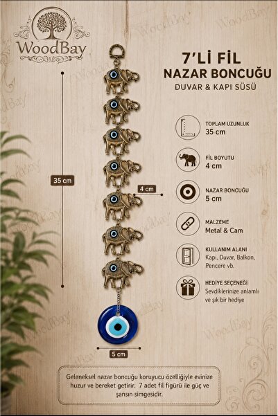 WoodBay 7'li Fil Nazar Boncuklu Duvar Süsü 35 cm Kapı Süsü Dekoratif Nazar Bo...