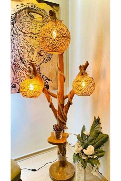 AKSU Doğal Ahşap Ağaç Lambader, 140 cm, Köşe Aydınlatma, Modern Tasarım