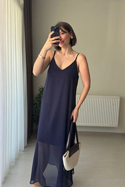 Kubos Moda V-Neck Lined Long Navy Blue Women's Dress