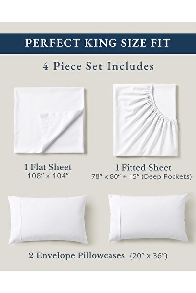 LANE LINEN 100% Organic Cotton Pure White King-Sheets Set 4-Piece Percale Weave Bedding Sheets for Bed Breathable Fits Mattress Upto 15" Deep