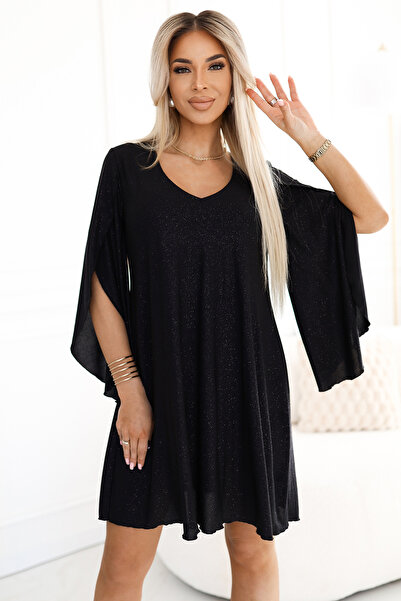 OEM LIVIA Elegant trapeze dress with butterfly sleeves - black with glitter E...