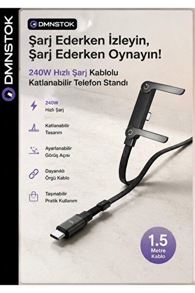 DMNSTOK 1.5mt 240W Ultra Hızlı Type-C Şarj Data Kablosu Katlanabilir Standlı ...