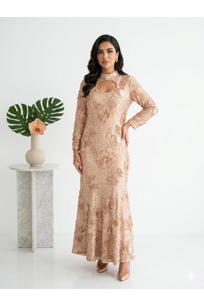 sea gulf Shiny Beaded Maxi Evening Dress with 3D Flower and Crystal Work Arou...