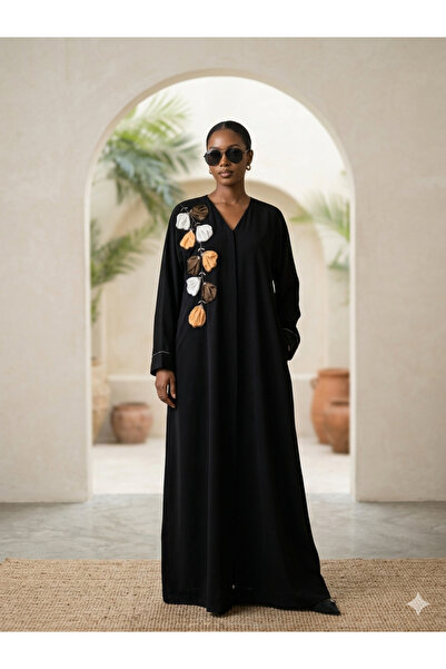 Generic Luxury Black Embroidered Abaya with Leaf Appliqué Detail – Modest Ele...
