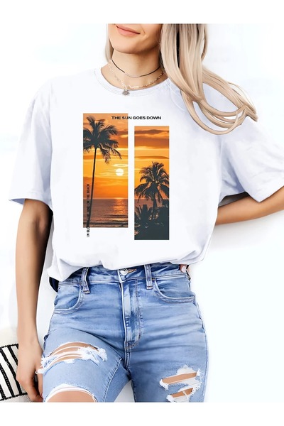 JENOLAN Tricou de damă cu decolteu rotund cu tematică Sunset Palm Oversize Lo...