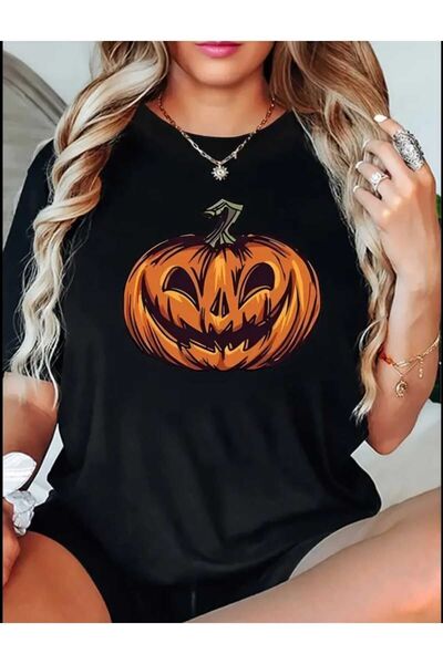 JENOLAN Tricou boyfriend supradimensionat cu imprimeu de dovleac de Halloween