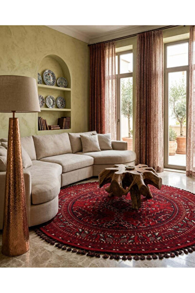 Kalesta Halı Şiraz 04 Red Afgan El Dokuma Görünümlü Yuvarlak Kilim – Yıkanabi...