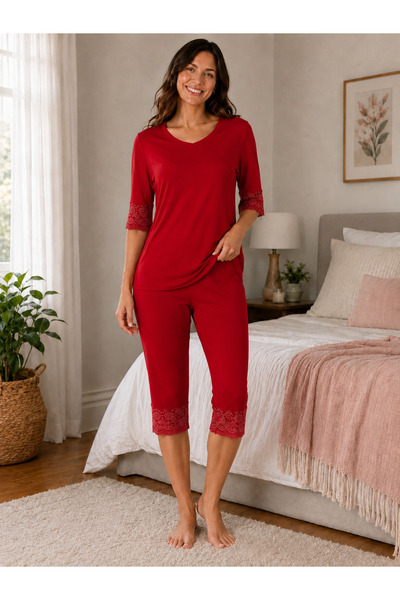 Aria Comfort Pijama Damă 3/4 cu Dantelă Florală – Bumbac Premium