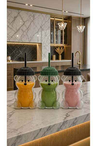 Mirolex Cute Teddy Bear Glass Tumbler 470ml with Straw & Lid | Reusable Drink...