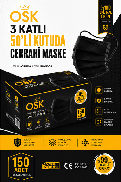 Oseka Meltblown Filtreli, 3 Katlı Yassı İpli Yumuşak Siyah Maske 150 Adet