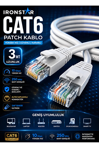 IRONSTAR CAT6 patch kablo 3 metre / 3 metre internet kablosu / RJ45 ethernet ...