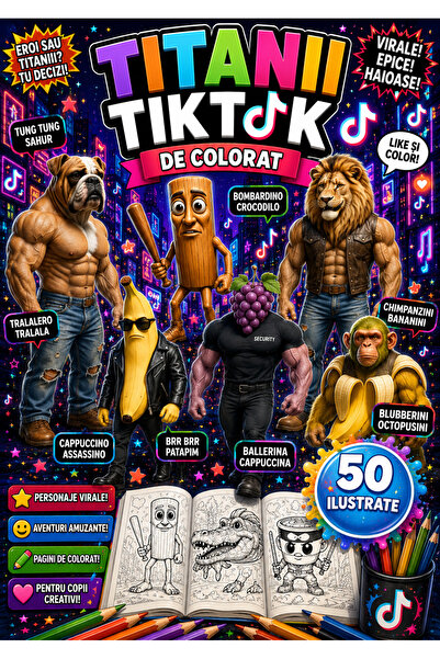 Brainrot TITANII TIKTOK CARTE DE COLORAT 50 ILUSTRATE A4