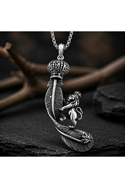 voyageaccessory Stainless Steel Feather Detailed Royal Lion Pendant