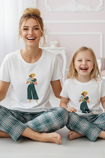 Siyah İnci ekru desenli Pamuklu Bisiklet Yaka Örme Pijama Takım