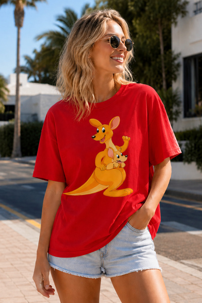 ArtYus Kangaroo and Baby Kangaroo Printed Unisex Oversize T-Shirt – Cotton Cr...