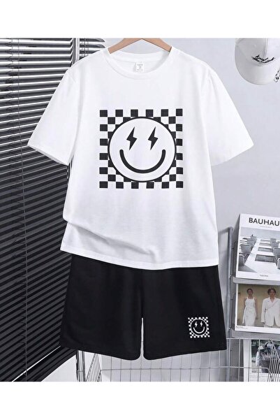 EFFRENATU Smiley Checker Men's T-Shirt Shorts Set - White Black