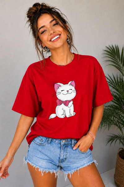 ArtYus Cute Cat Printed Crew Neck Unisex Oversize T-Shirt with Bow Tie – Cott...