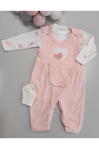 Sönmez Baby KALP DESENLİ PENYE SALOPET TULUM BLUZ VE ÇORAP ÜÇLÜ KIZ BEBE TAKIMI