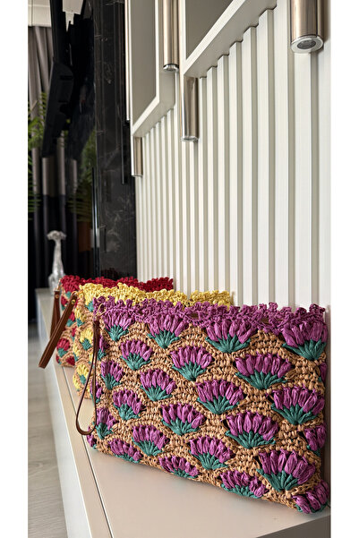 WOMANBAG حقيبة يد مصنوعة يدويًا من القش مع بطانة داخلية من الجلد (35x20 سم)