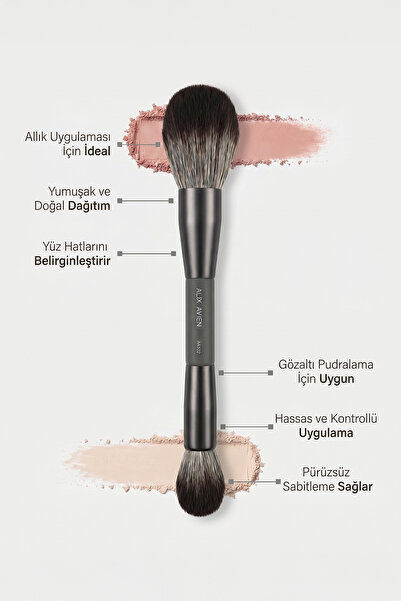 Alix Avien Pudra, Allık, Bronzer ve Aydınlatıcı İçin Çift Taraflı Makyaj Fırçası - Double Ended Makeup Brush