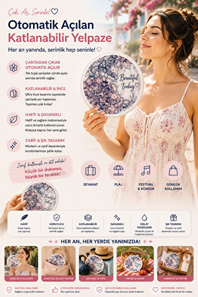 GOLDRİSE YAZILI ÇİÇEK Desenli Otomatik Açılan Katlanabilir Yuvarlak Yelpaze –...
