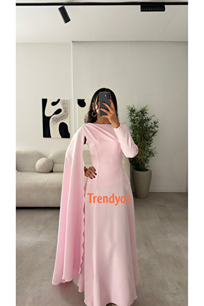 ANGELINSA Soft Dress with One Sleeve and One Shawl Sleeve in Baby Pink Color.