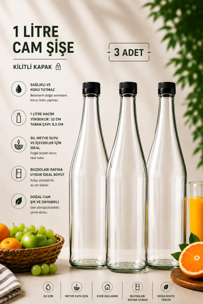 Rotanev 3 Adet Şerbetlik Siyah Plastik Kapaklı Cam Şişe 1 Litre Şeffaf Sürahi...