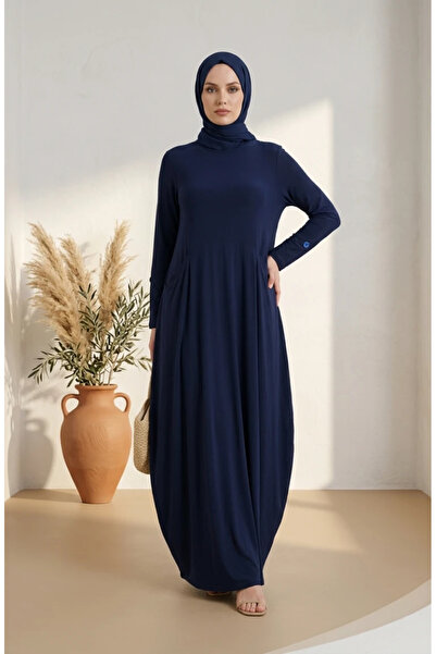 sefamerve Sandy Fabric Pocket Hijab Dress 5656-08 Navy Blue