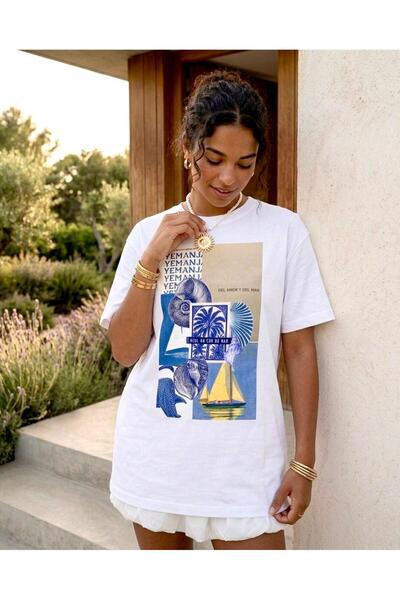 Unisex Beyaz Oversize Akdeniz Baskılı Yazlık T-shirt