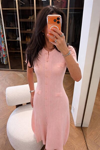 Abalı Örme Bisiklet Yaka Düğmeli Fit Triko Uzun Elbise - Yazlık Dokulu Maxi Boy