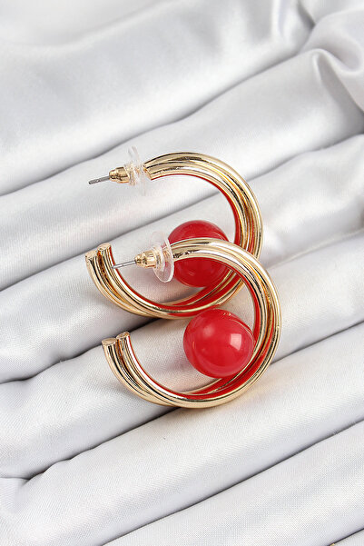 OGHAMAY Brass Gold Color Hoop Model Red Bead Detail Women's Earrings