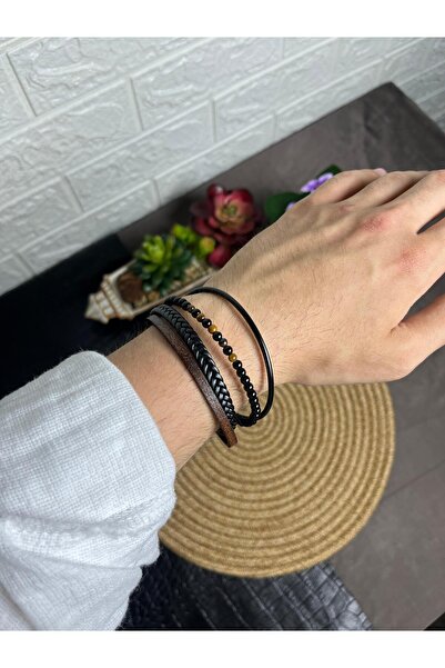 WAKHA Brown Leather Knitted and Natural Stone Bead Detailed Multiple Men's Br...