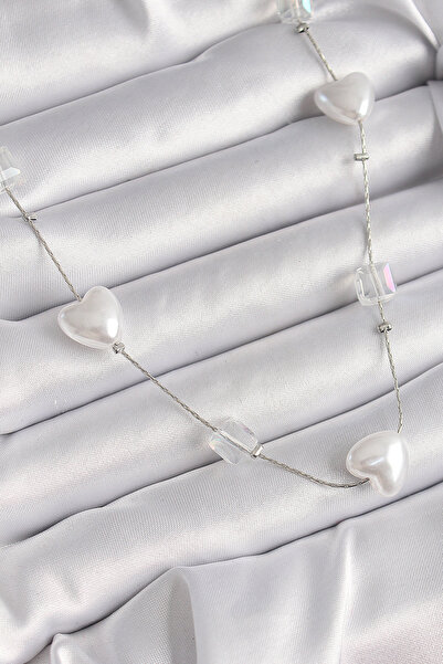 OGHAMAY Brass Silver Color White Pearl Heart Model Women's Necklace