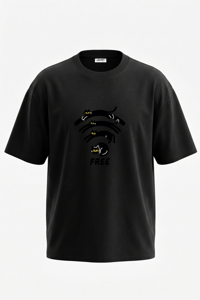 Anetos Tricou oversize negru din bumbac cu imprimeu pe spate Cat Wifi Design
