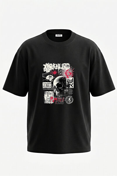 Anetos Tricou oversize negru din bumbac cu imprimeu pe spate Grunge Skull Design