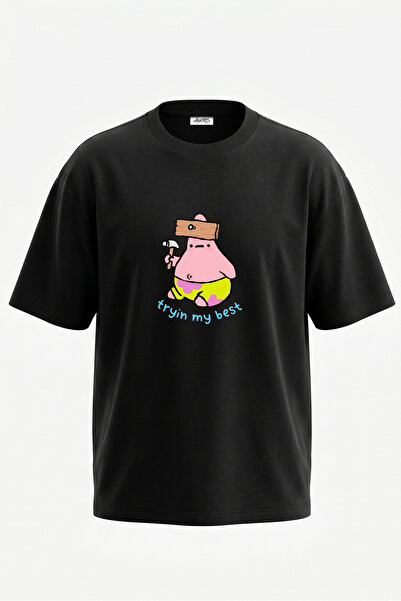 Anetos Tricou oversize negru din bumbac cu imprimeu pe spate Patrick Star Design