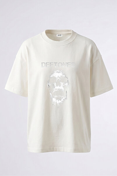 Anetos Tricou supradimensionat alb din bumbac cu imprimeu pe spate Deftones S...