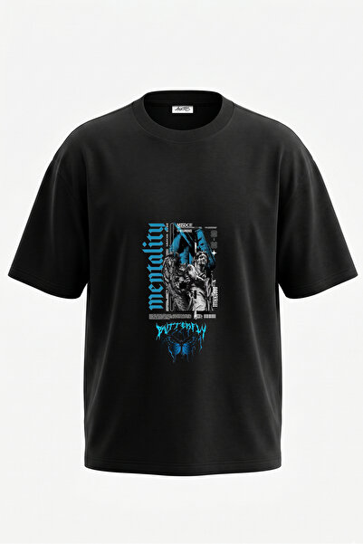 Anetos Tricou oversize negru din bumbac cu imprimeu pe spate, cu design gotic...